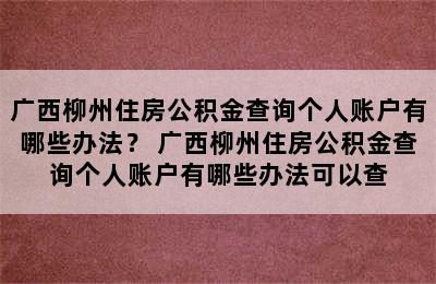 广西柳州住房公积金查询个人账户有哪些办法？ 广西柳州住房公积金查询个人账户有哪些办法可以查